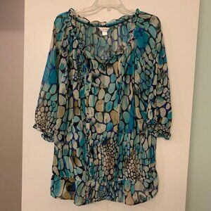 CJ Banks like-new top, three-quarter length sleeves, blue green color scheme